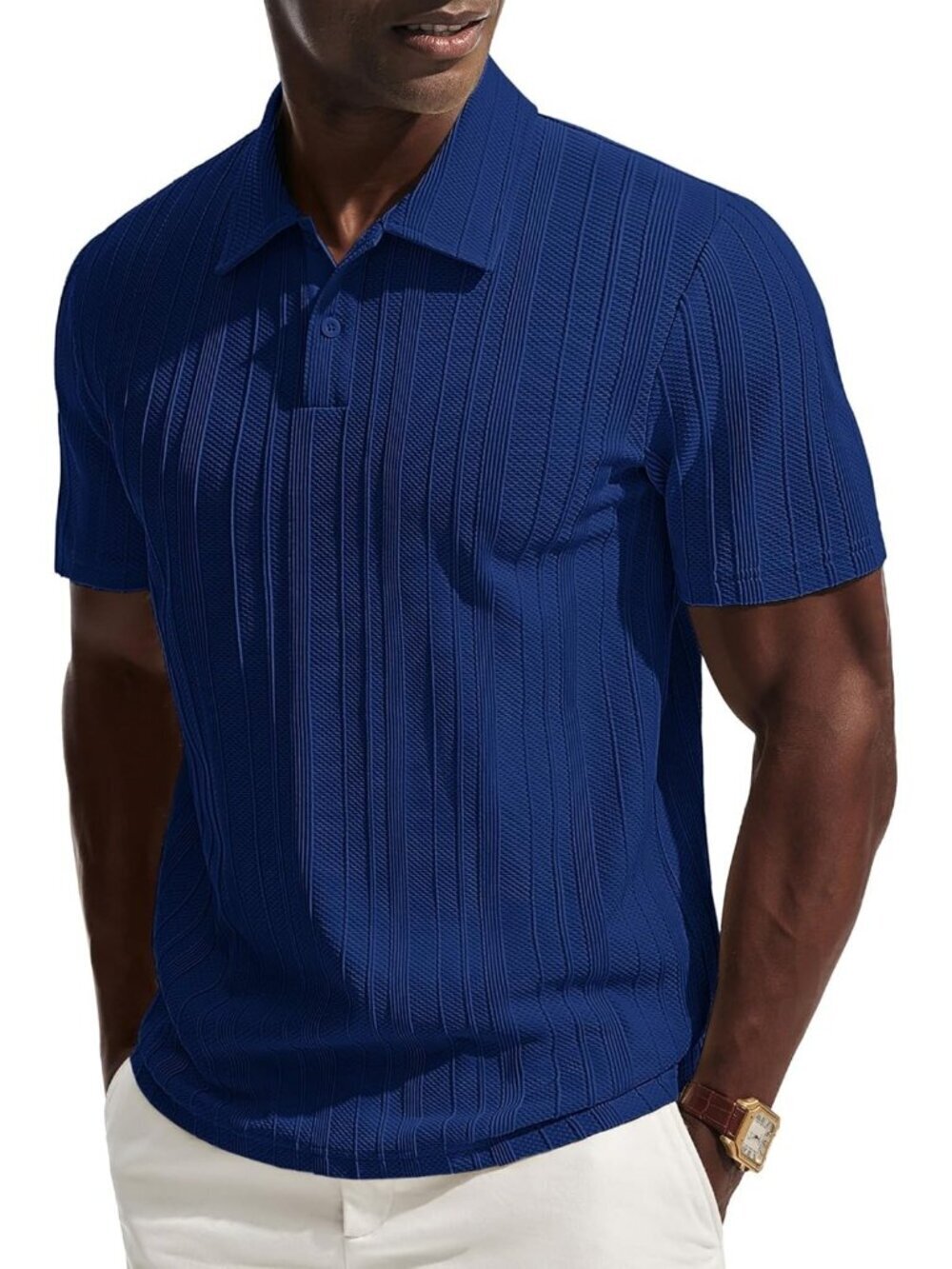 Men's Royal Blue Polo Shirts Short Sleeve Casual Textured Knit Collared Golf